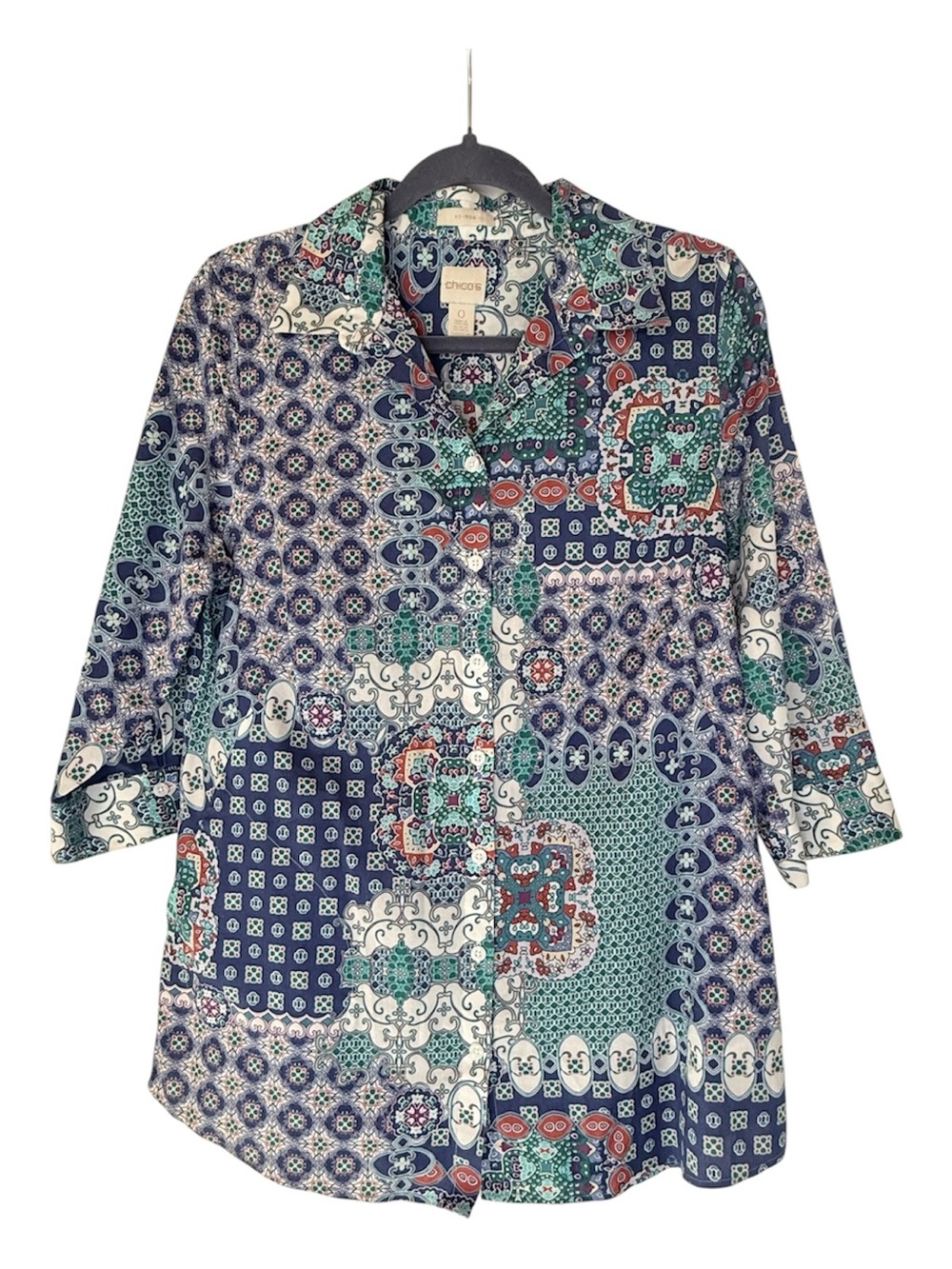 Chico's Navy Teal No Iron Multi Patchwork Button-Down Shirt - Women’s